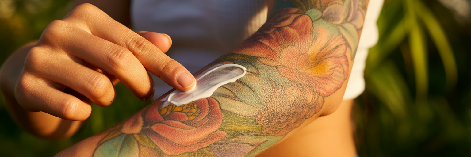 Applying sunscreen to healed forearm tattoo.