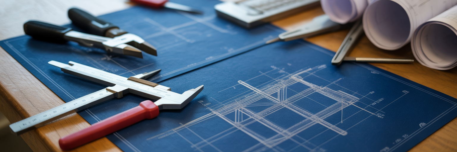 Architect blueprints and drafting tools on desk.