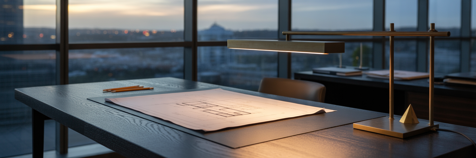 Architect blueprints on dark desk at dusk.
