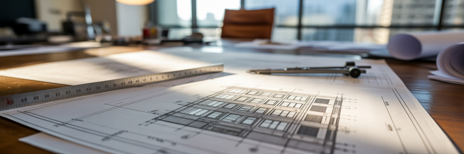 Architect blueprints showing structured commercial plans.