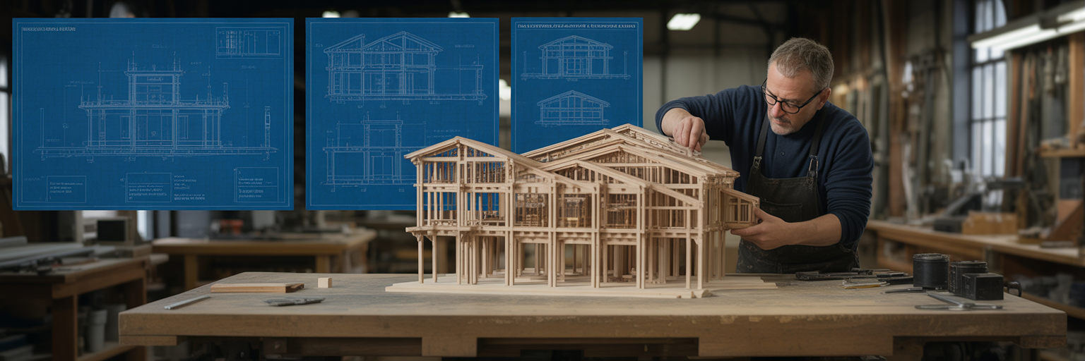 Architect building model with blueprints.
