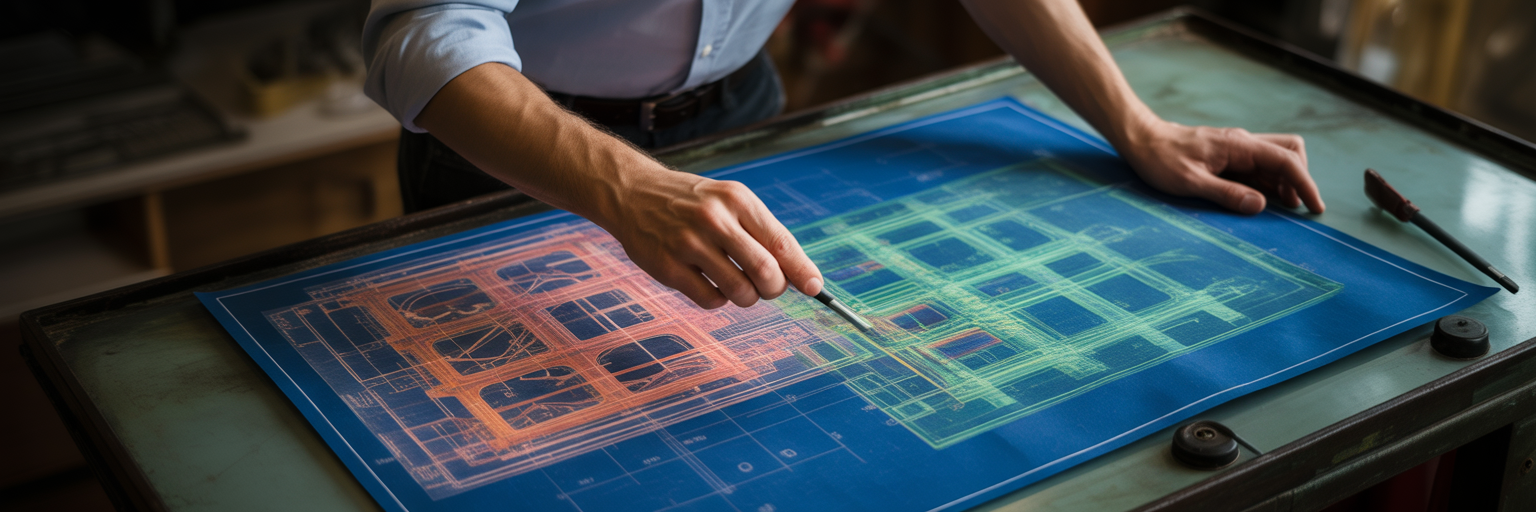 Architect combining two blueprints into one.