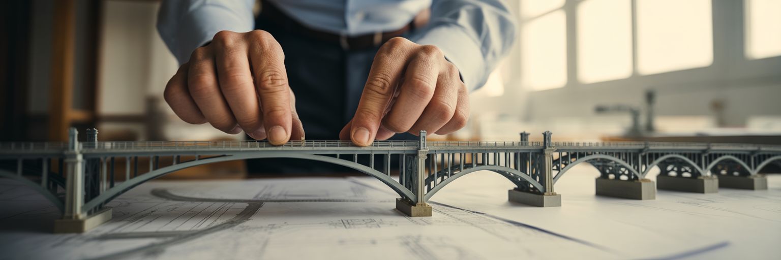 Architect reinforcing a detailed bridge model.
