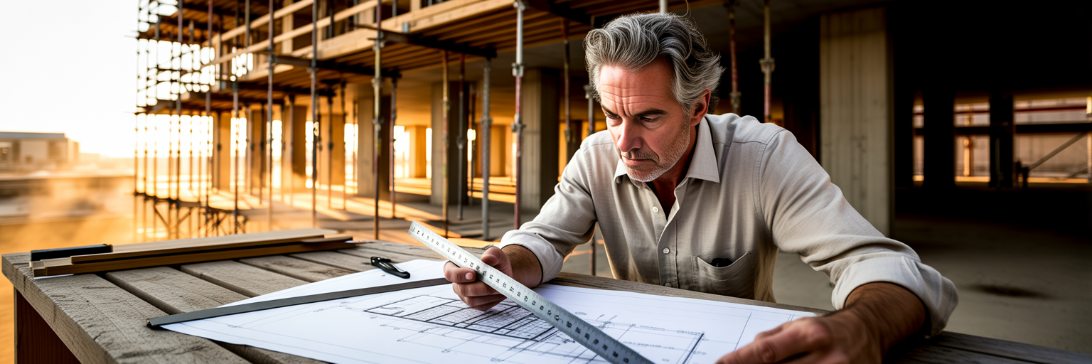 Architect reviewing blueprints on site.