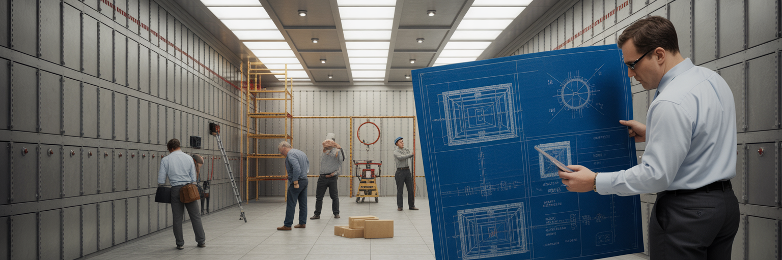 Architect reviewing secure vault blueprints