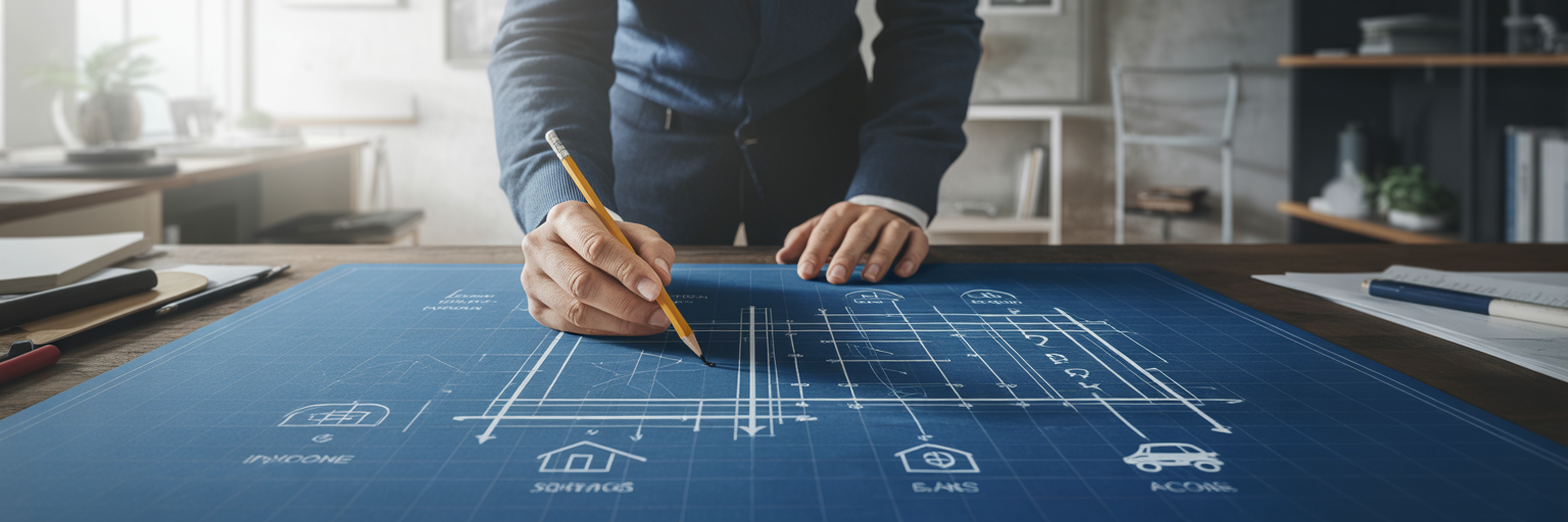 Architect's hands tracing a financial blueprint.