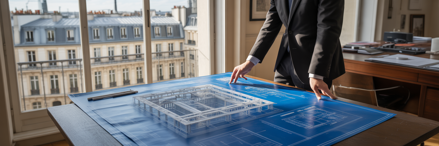 Architectes examinant des plans de sécurité complexes à Paris.