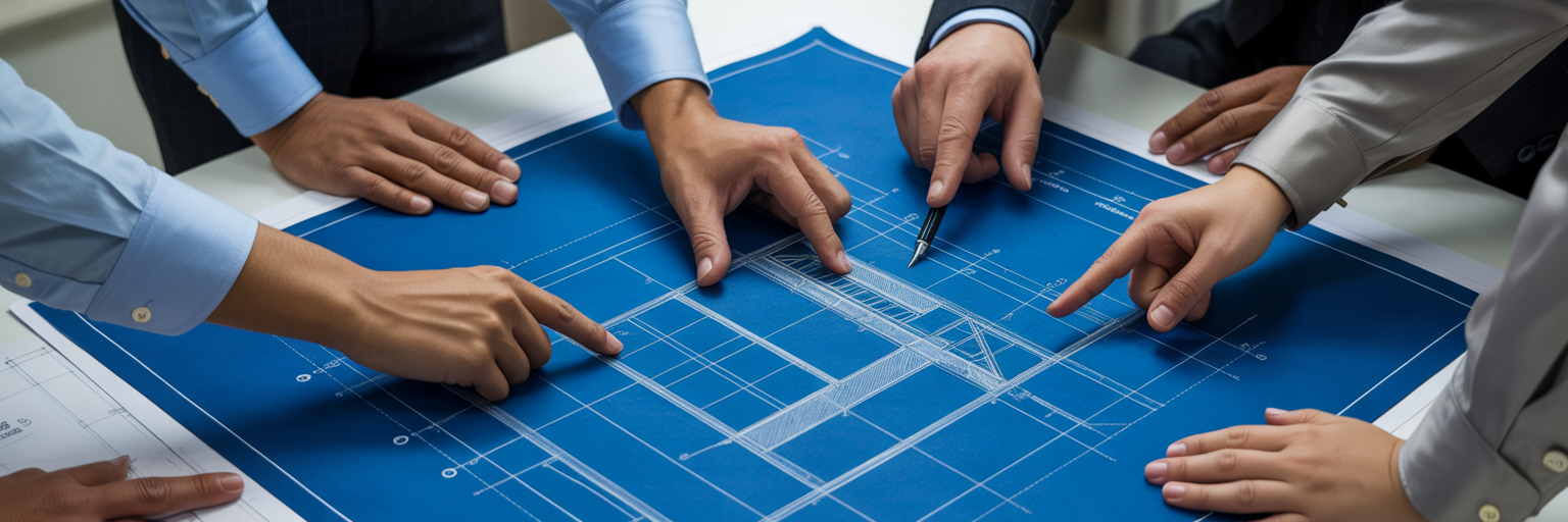 Architects collaborating on a building blueprint.