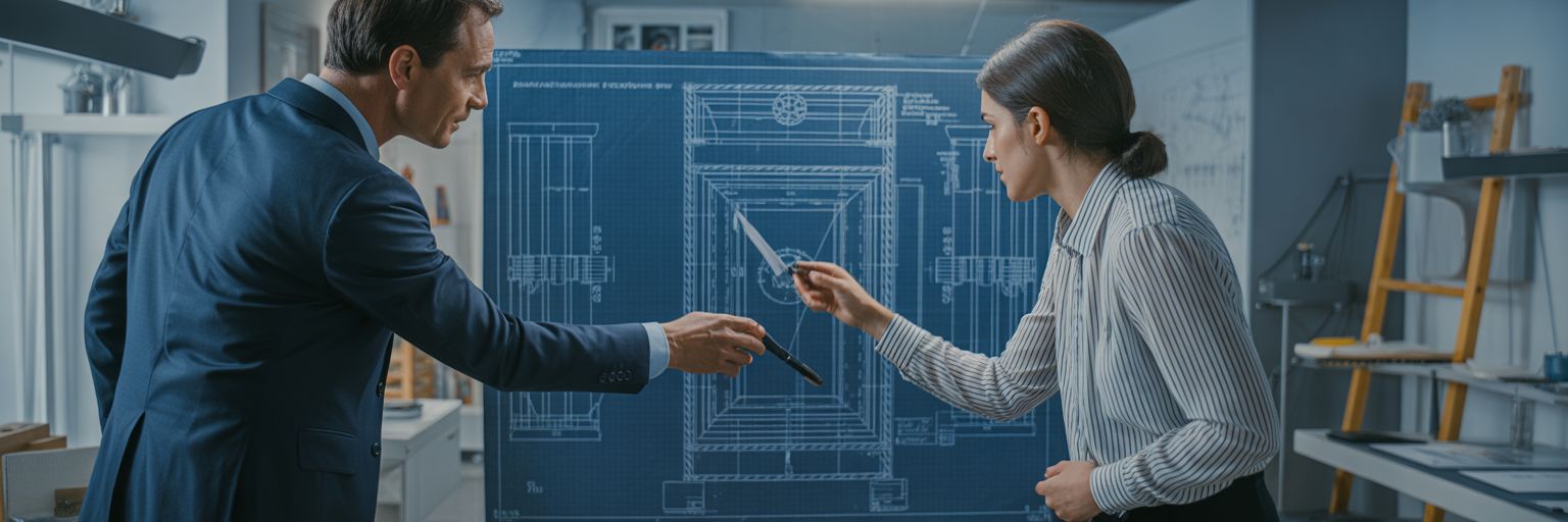 Architects reviewing secure vault blueprints collaboratively.