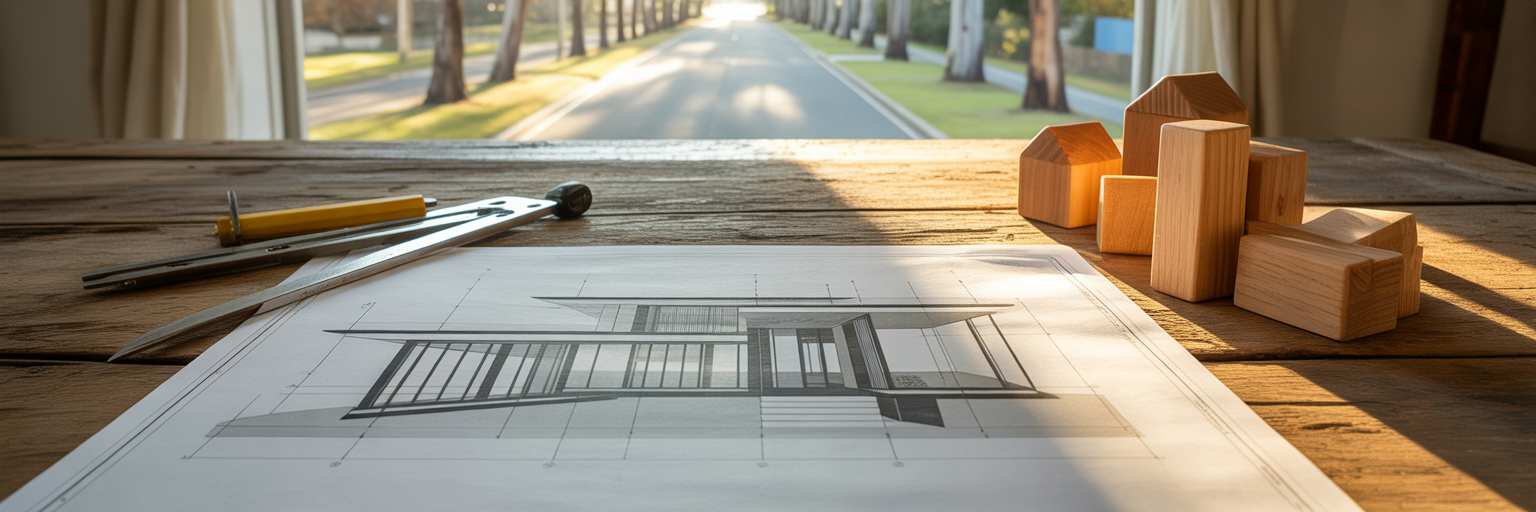 Architectural blueprints and building blocks.