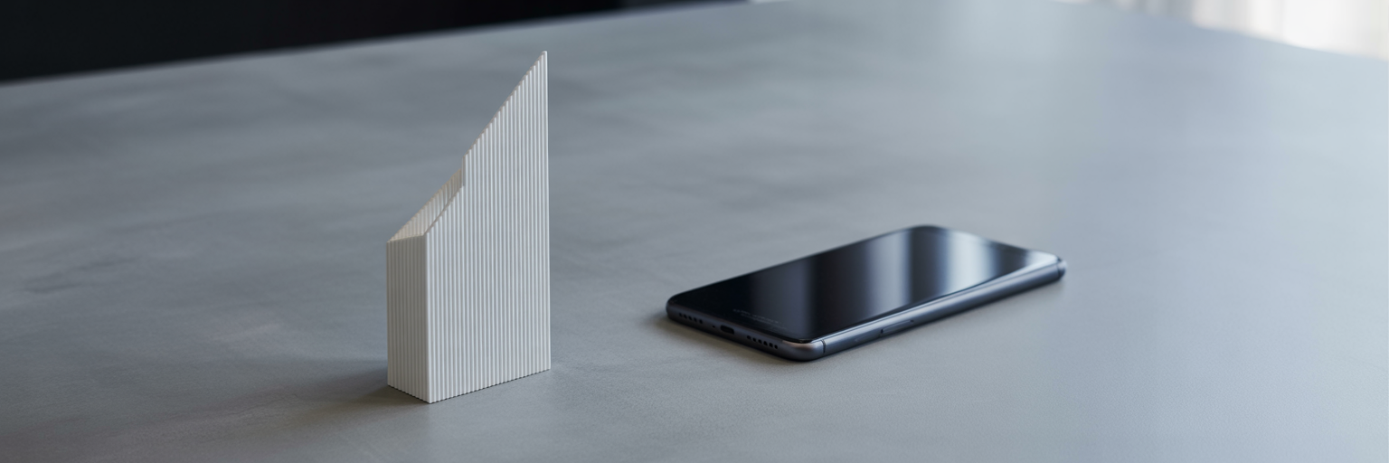 Architectural model beside rectangular phone case.