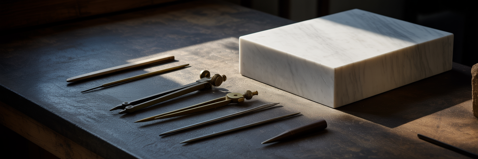 Architectural tools next to a solid marble block.