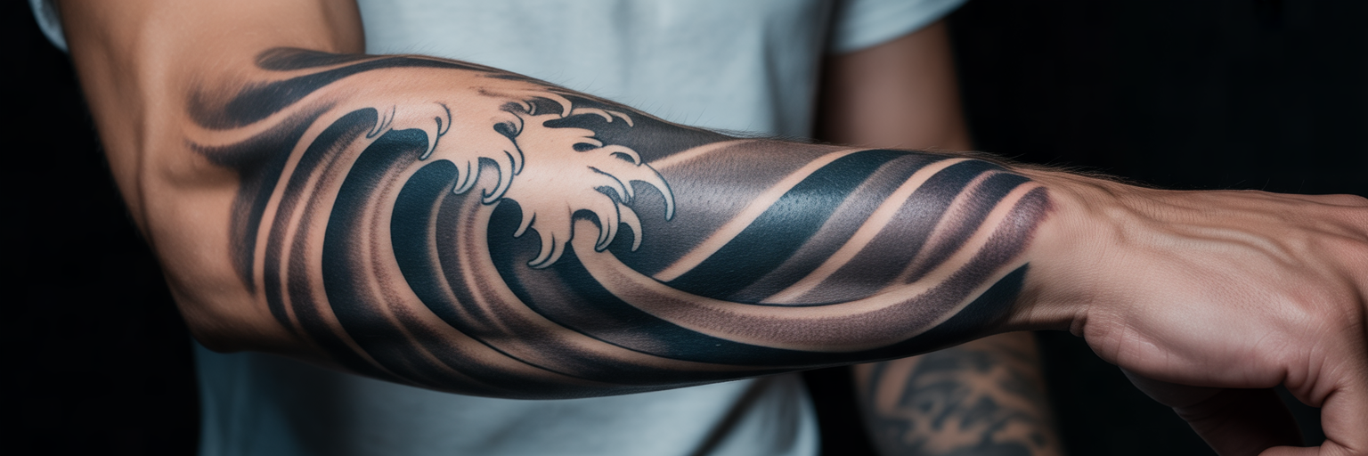 Arm fusion tattoo with Japanese waves and geometric patterns.