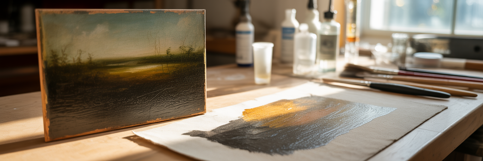 Art restorer's table with lightened canvas.