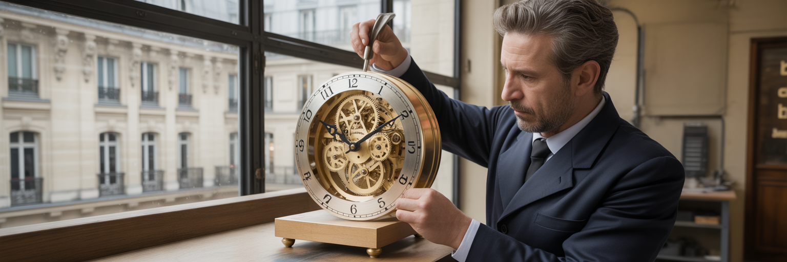 Artisan ajustant une horloge mécanique complexe.