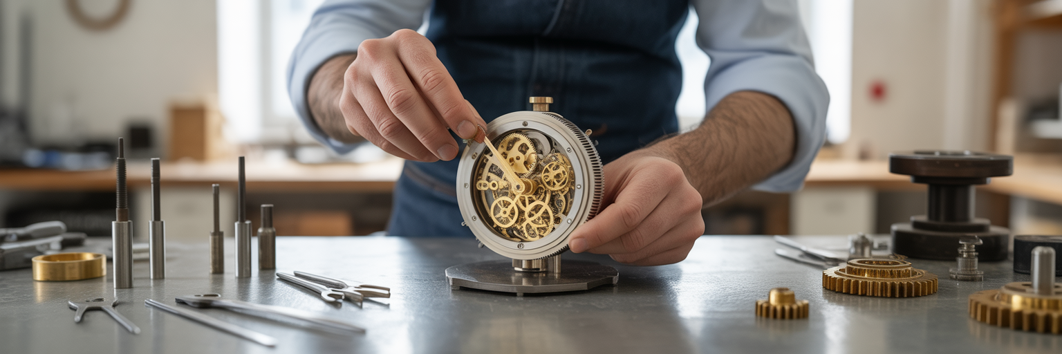 Artisan assemblant un mécanisme de précision sur mesure.