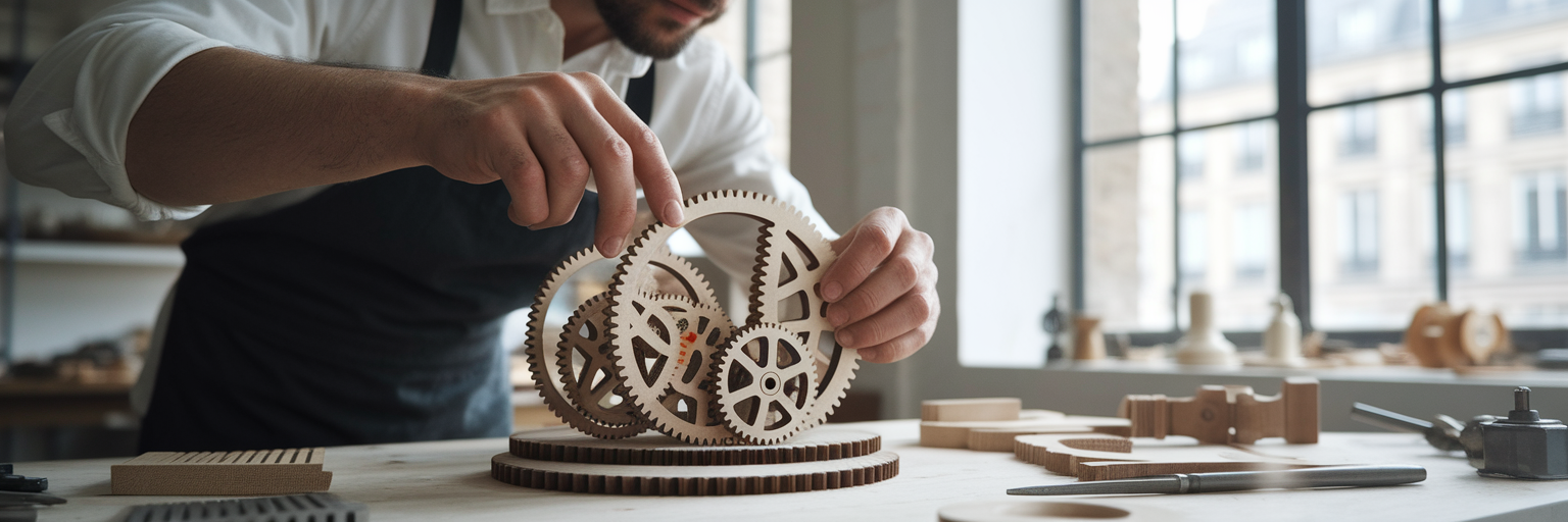 Artisan assemblant un mécanisme de précision.