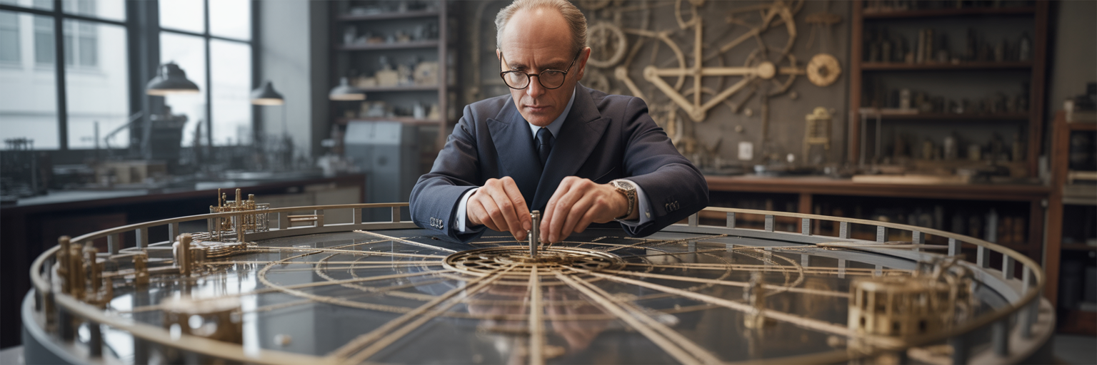 Artisan assemblant un modèle mécanique de chaîne logistique.