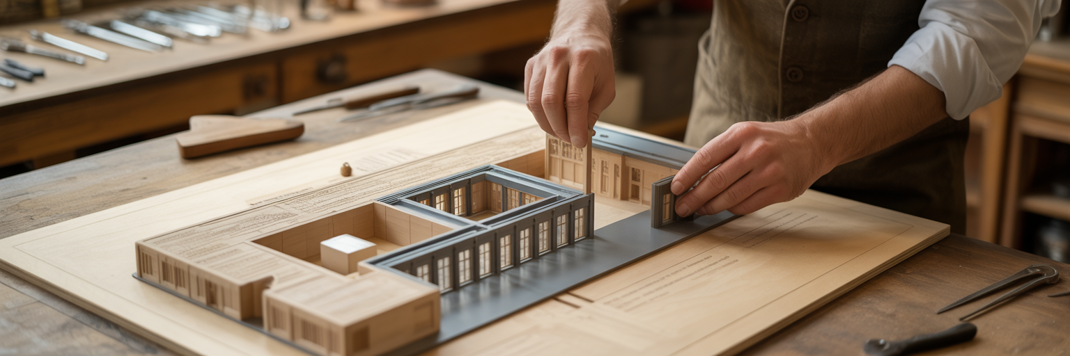 Artisan assemblant une maquette avec divers matériaux.