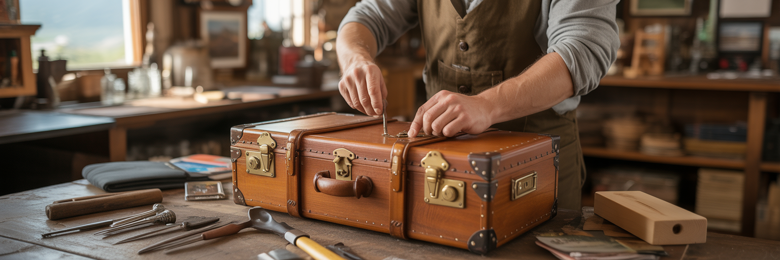 Artisan assembling a wooden travel trunk.