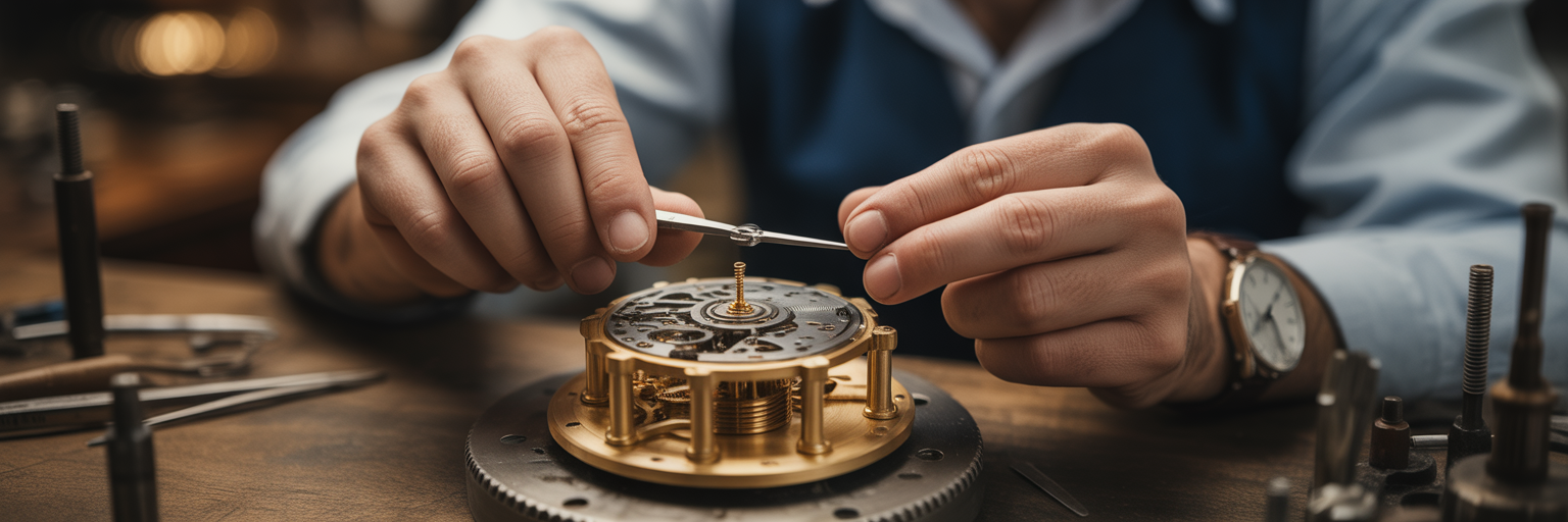 Artisan calibrant un mécanisme de précision.