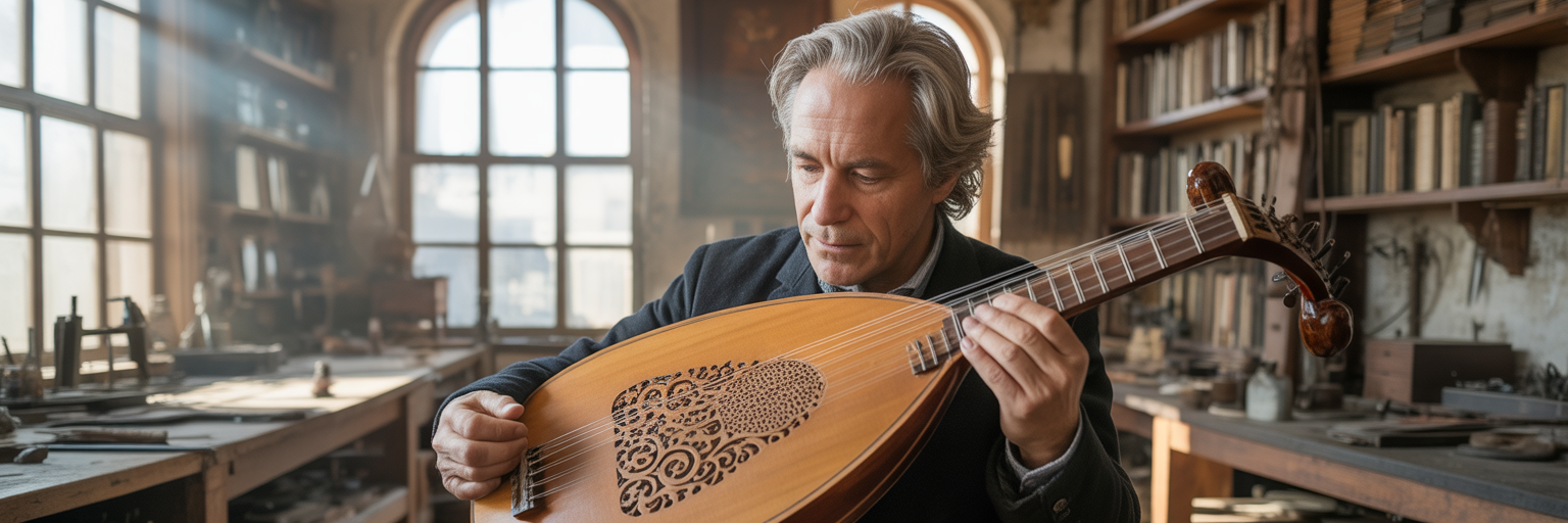 Artisan calmly observing intricate wooden instrument.