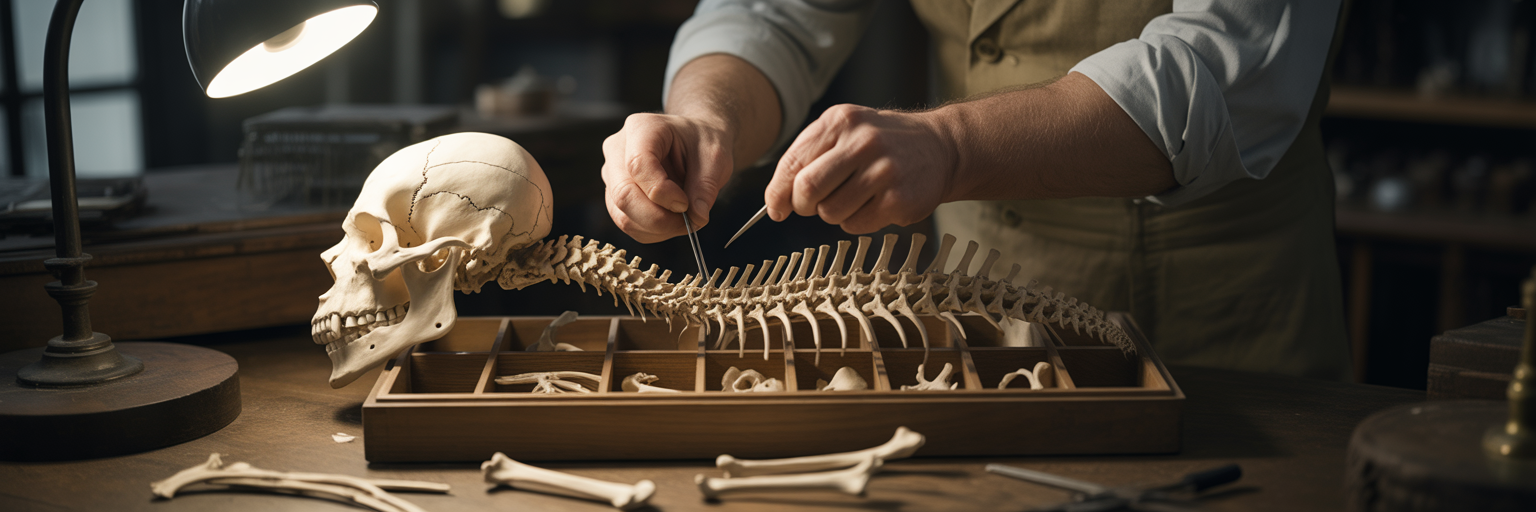 Artisan carefully disassembling a model skeleton.