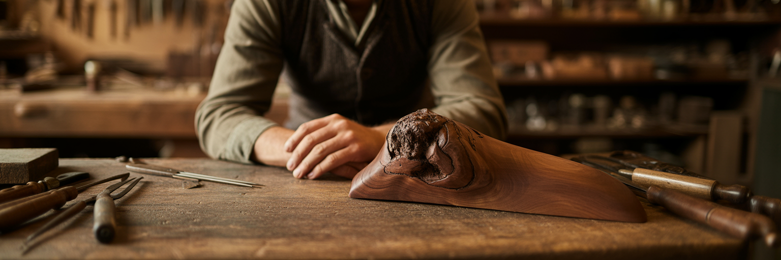 Artisan carefully examining a knotted wood piece.