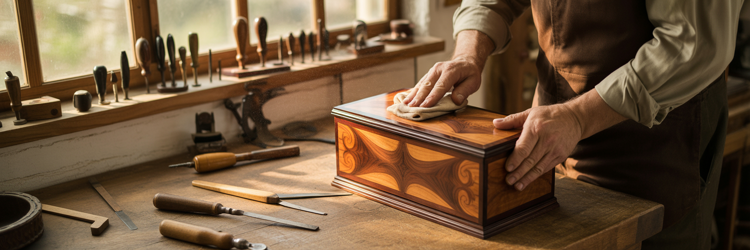 Artisan carefully polishing a wooden box.