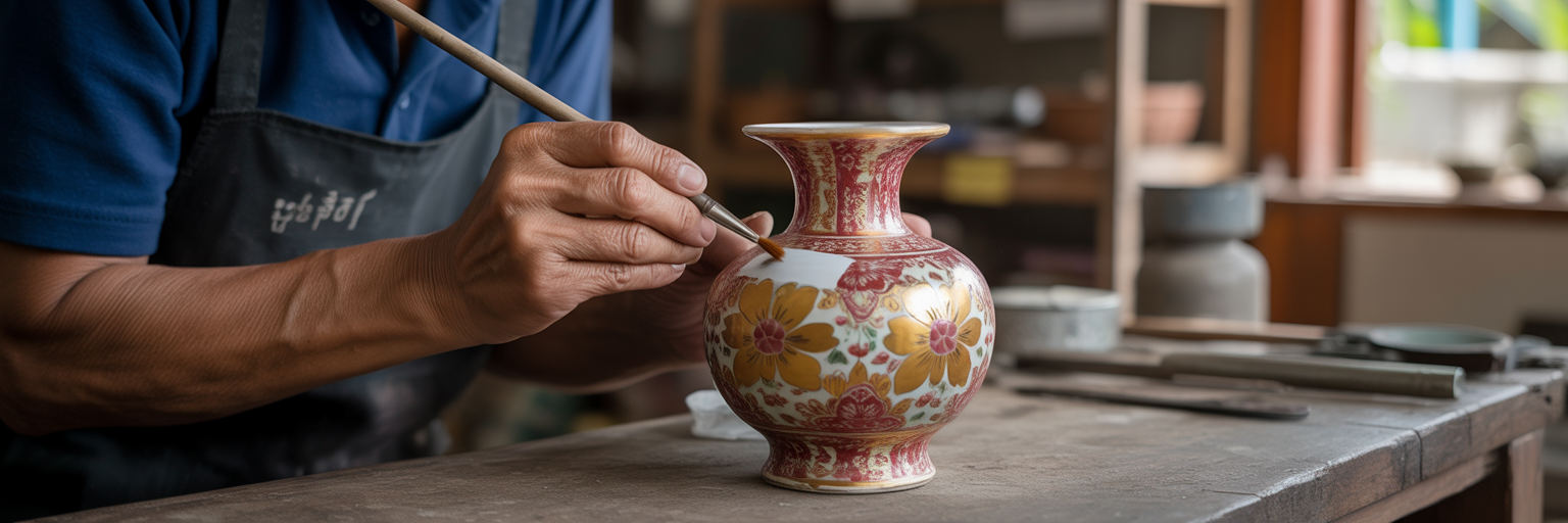 Artisan carefully restoring colourful ceramic vase.
