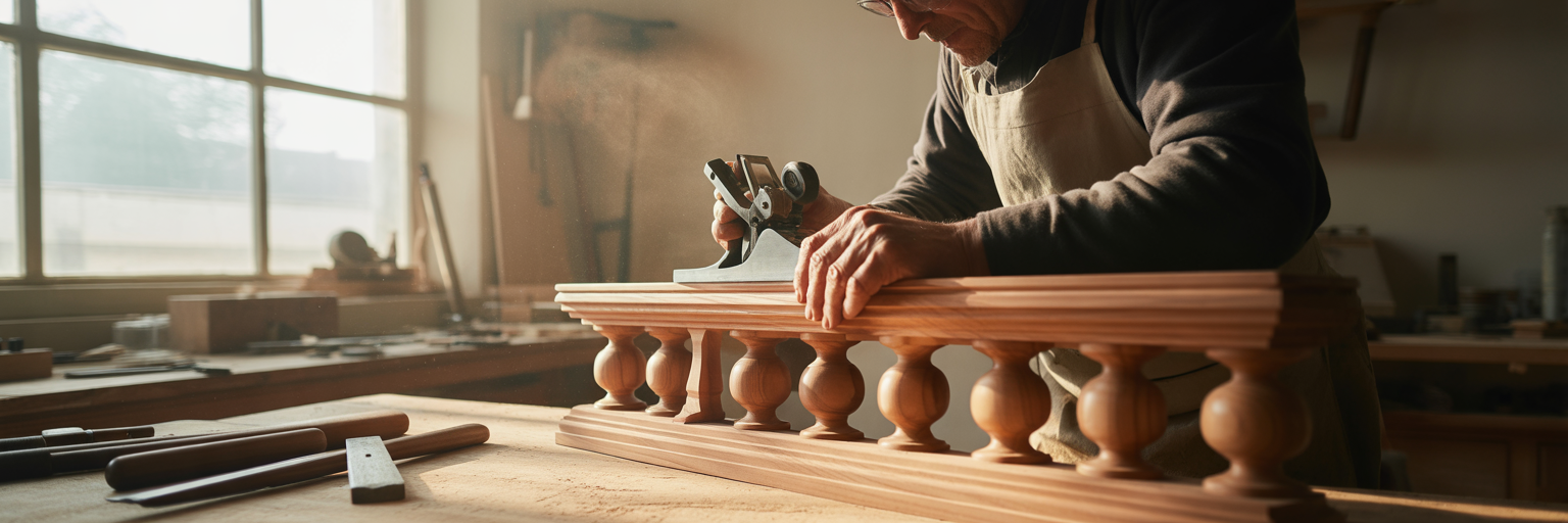 Artisan carefully shaping wood in workshop.