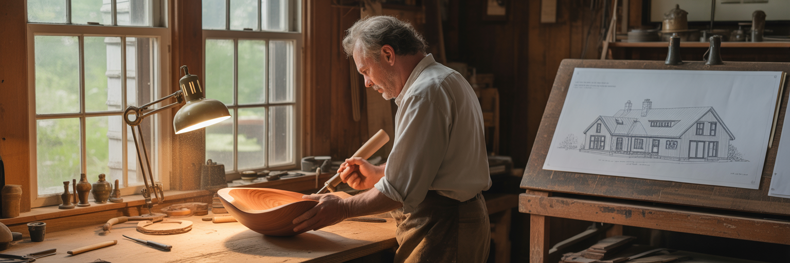 Artisan carving wood next to blueprints.