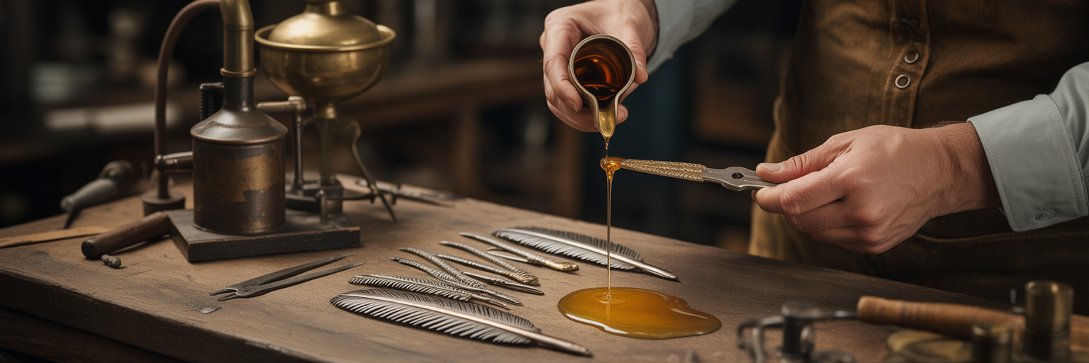 Artisan coating feather-shaped tools with oil.