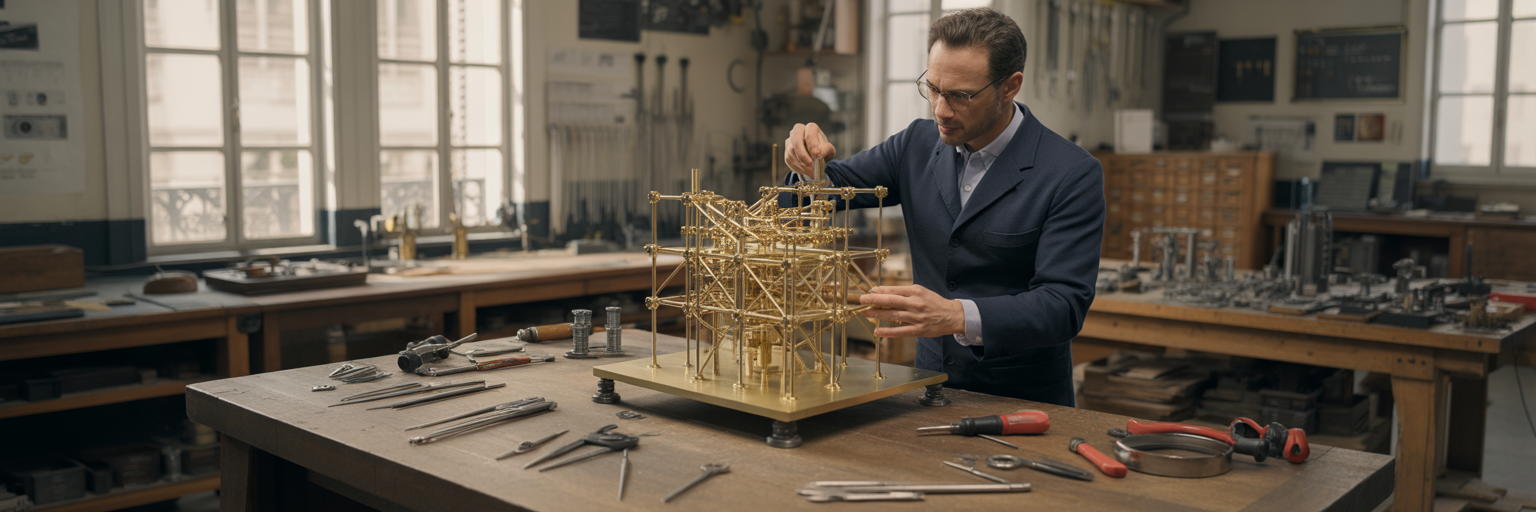 Artisan construisant un modèle mécanique complexe.