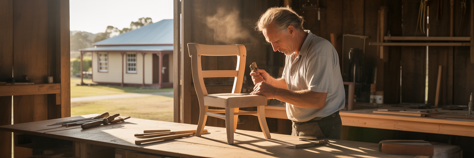 Artisan crafting a wooden chair in a tidy workshop.