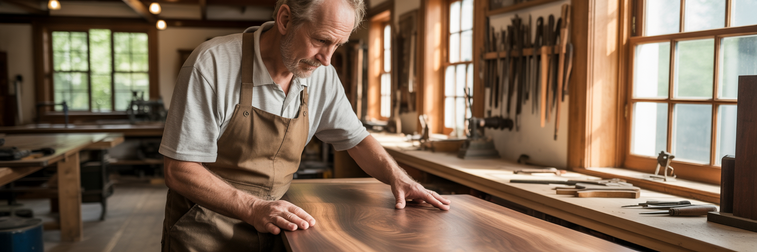 Artisan examining reflection in polished wood.