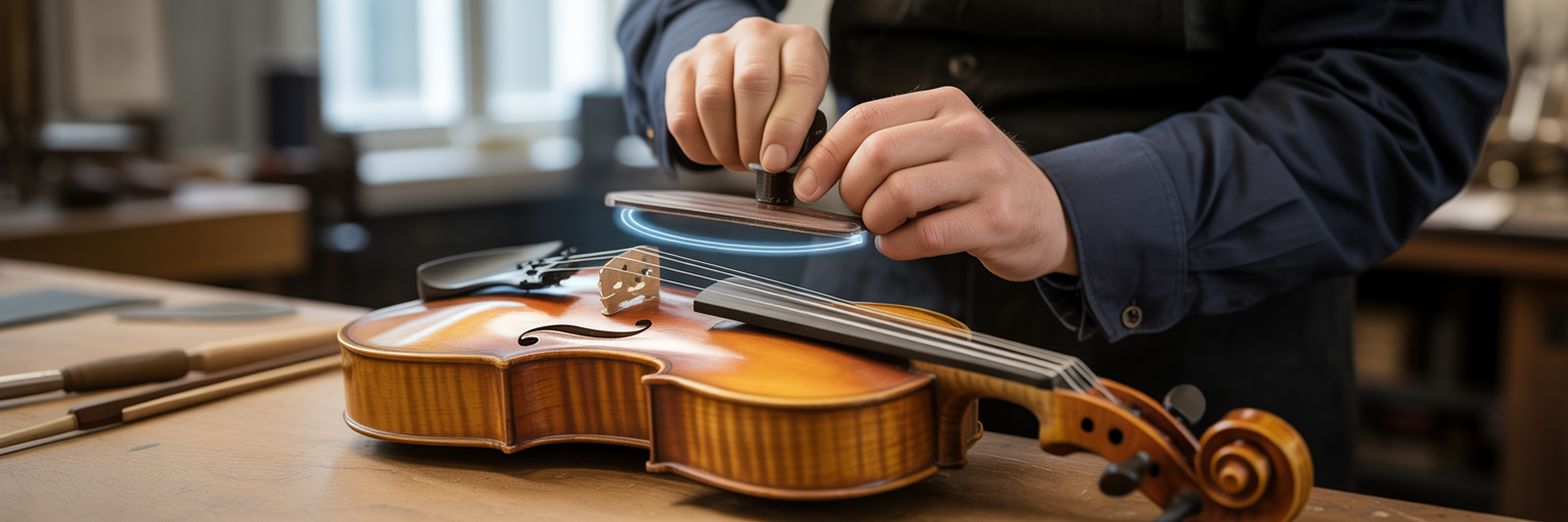 Artisan guidé par une lumière prédictive sur un violon.