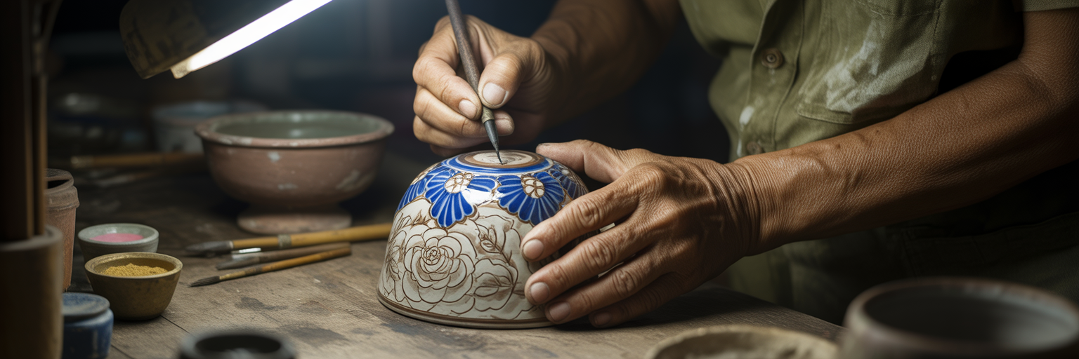 Artisan hands carefully restoring intricate pottery.