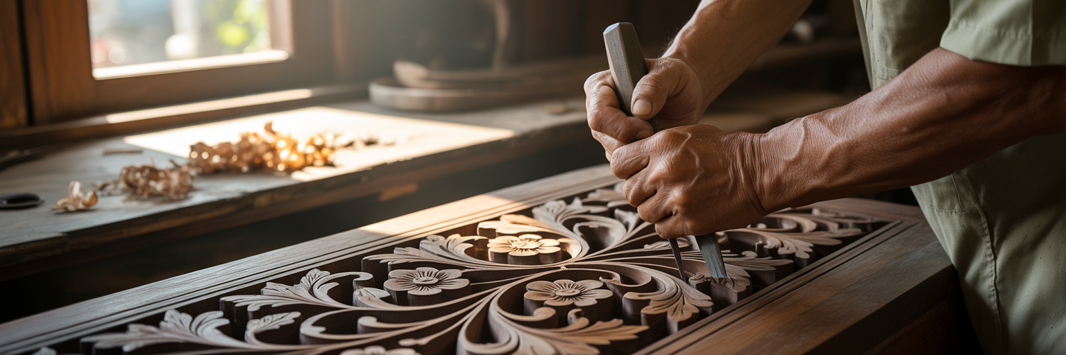 Artisan hands carving a traditional pattern