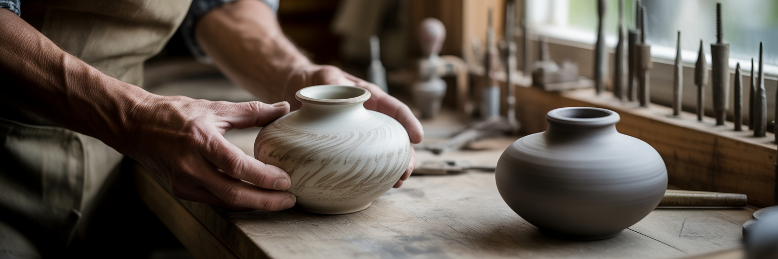 Artisan hands comparing authentic and imitation materials