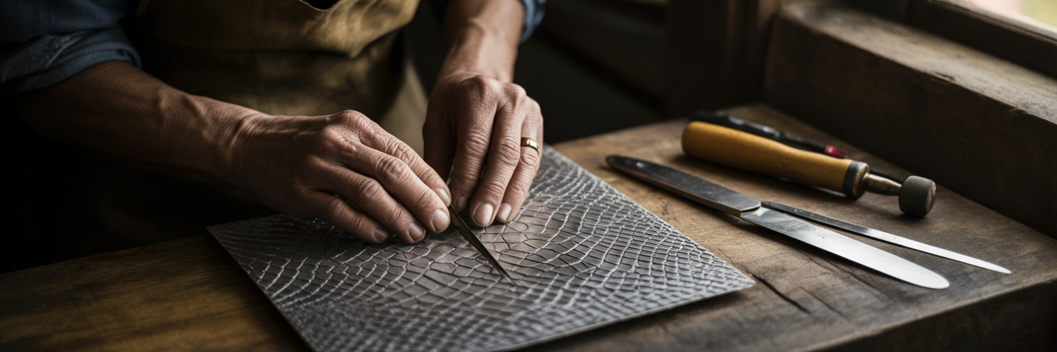 Artisan hands inspecting textured luxury material.