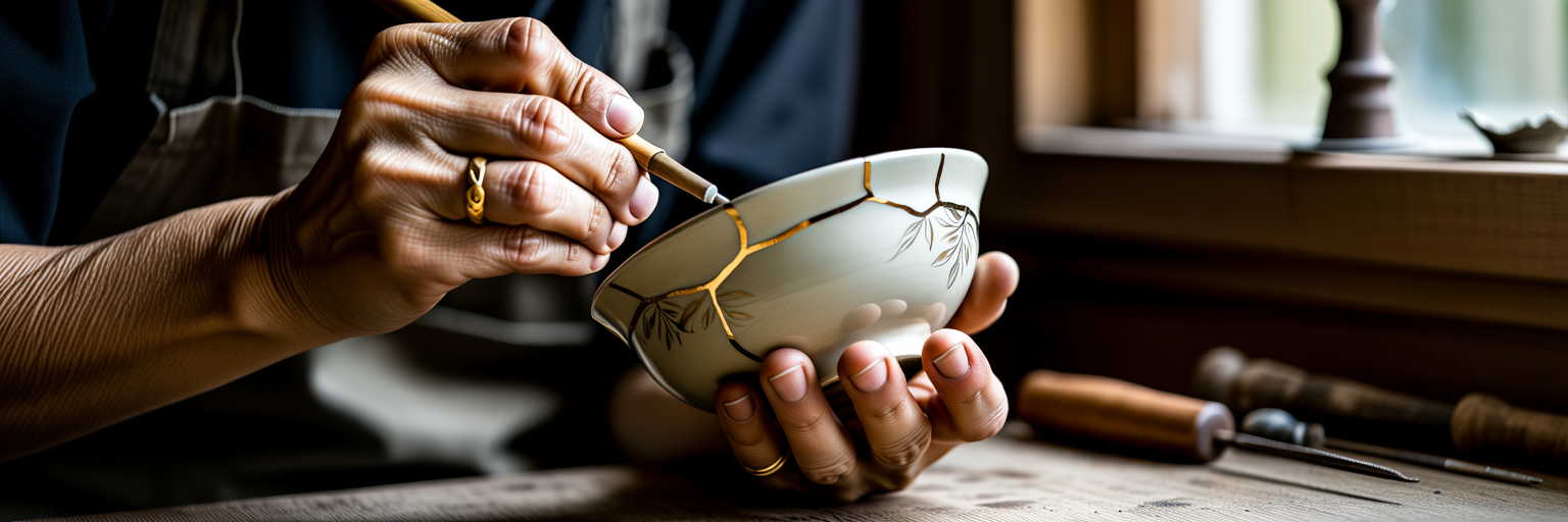 Artisan hands mending a ceramic bowl with gold.