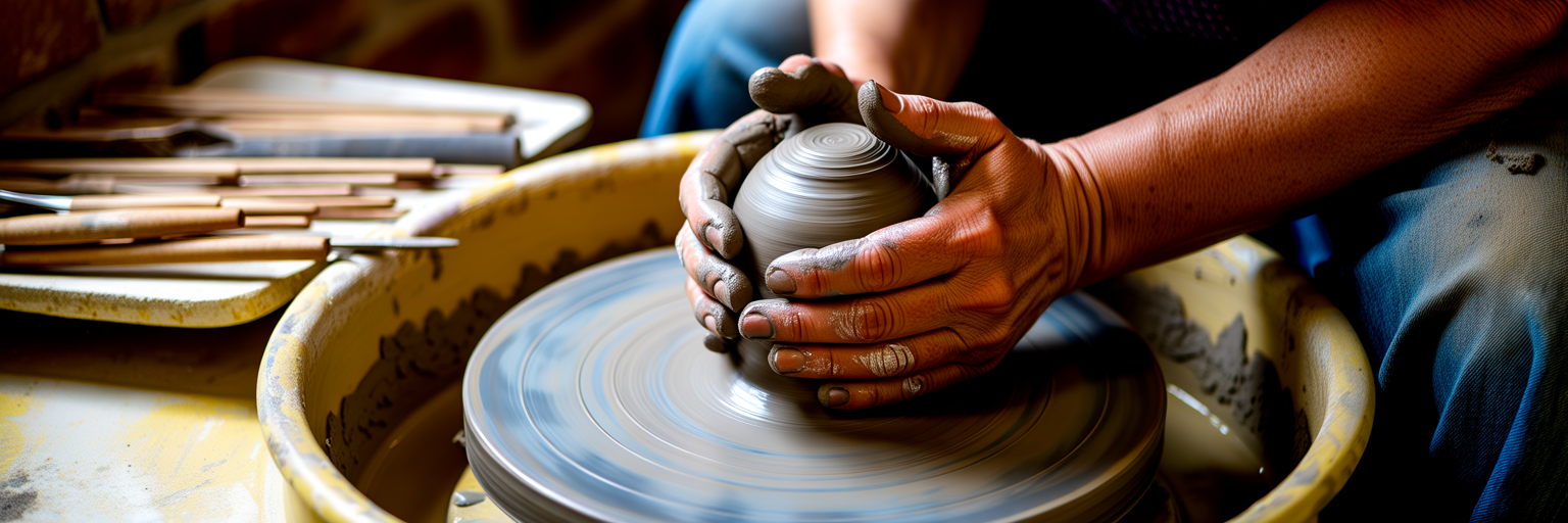 Artisan hands shaping clay on pottery wheel.