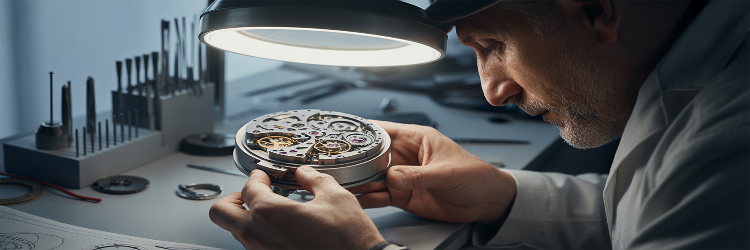 Artisan horloger assemblant un mécanisme de précision.