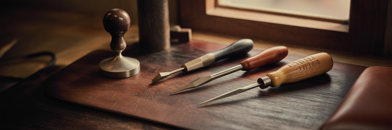 Artisan leatherworking tools on a workbench