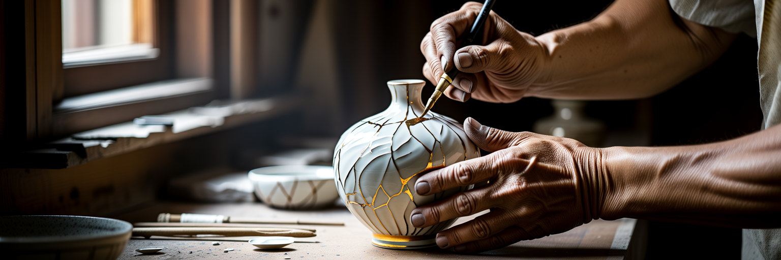 Artisan mending a cracked vase with gold.