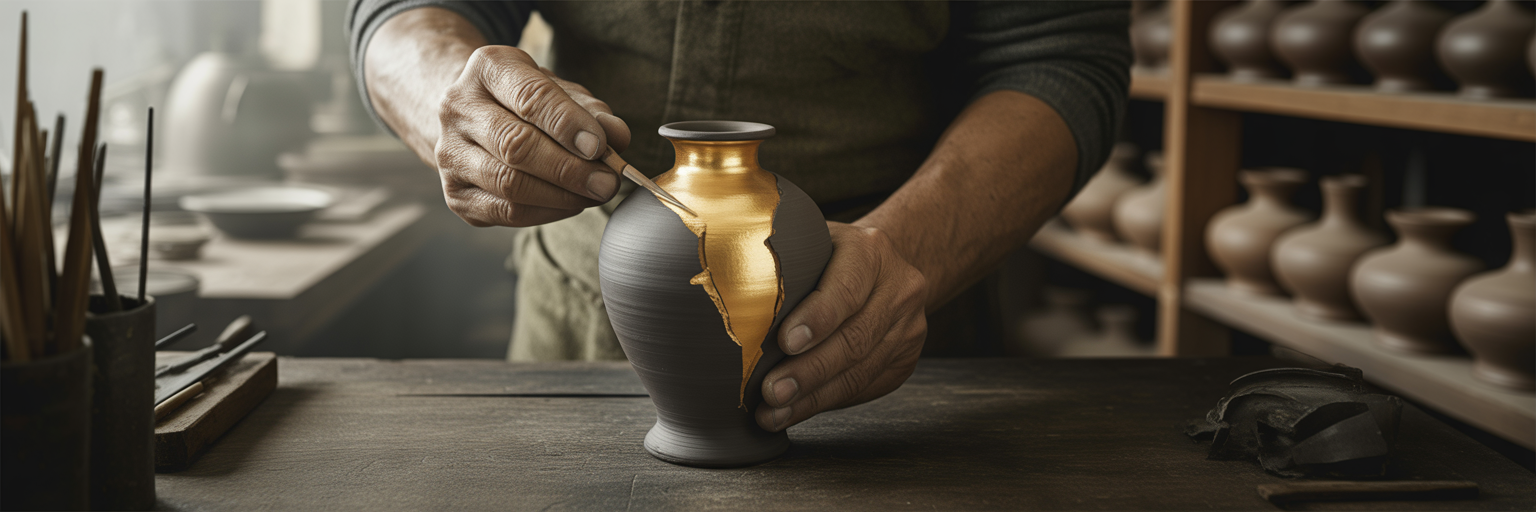 Artisan mending pottery with gold lacquer