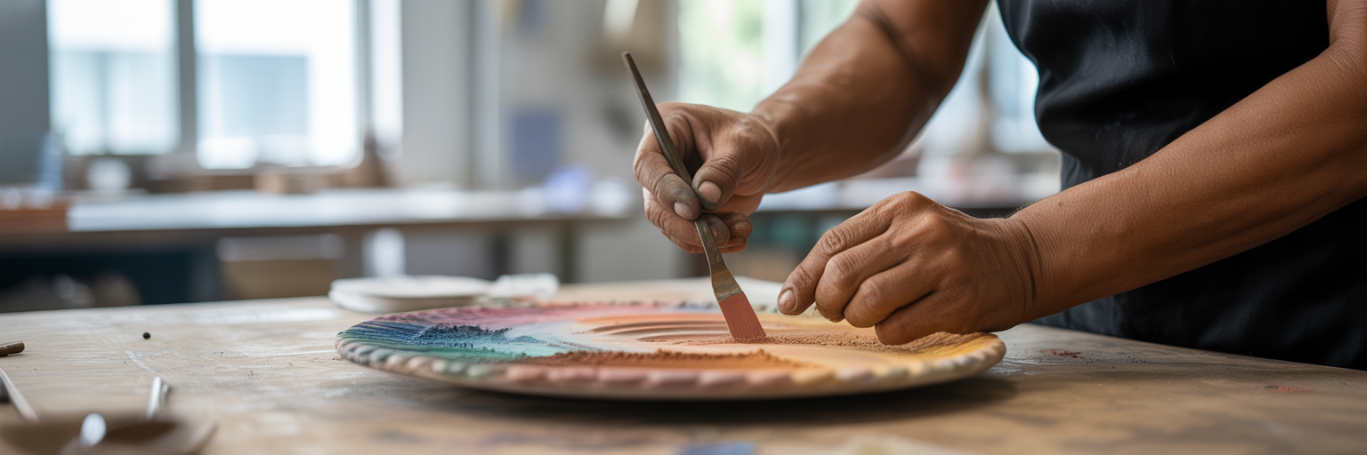 Artisan mixing colourful pigments on palette.