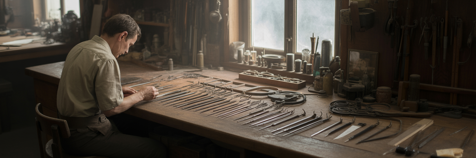 Artisan organizing tools in workshop.