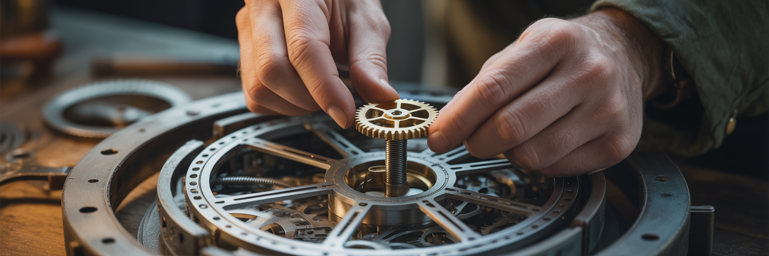 Artisan placing gear into clockwork mechanism.